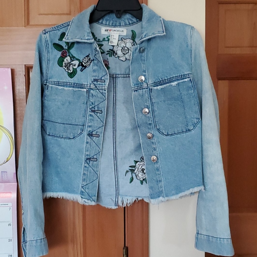 H&M Cropped Jean Jacket with Embroidery